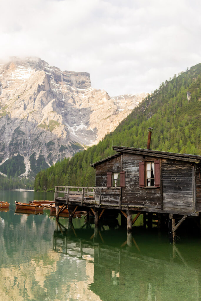 lago di braies boat dock in mountain views