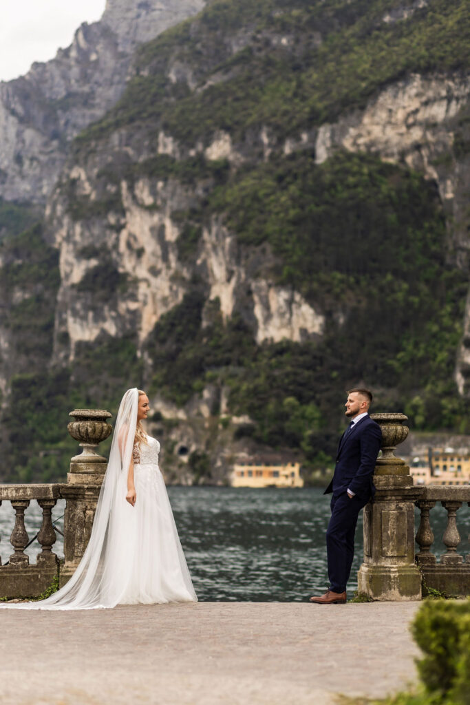 romantic bride and groom at Riva del Garda during their Lake Garda elopement