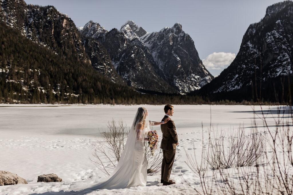 bride and groom first look during their dolomites elopement