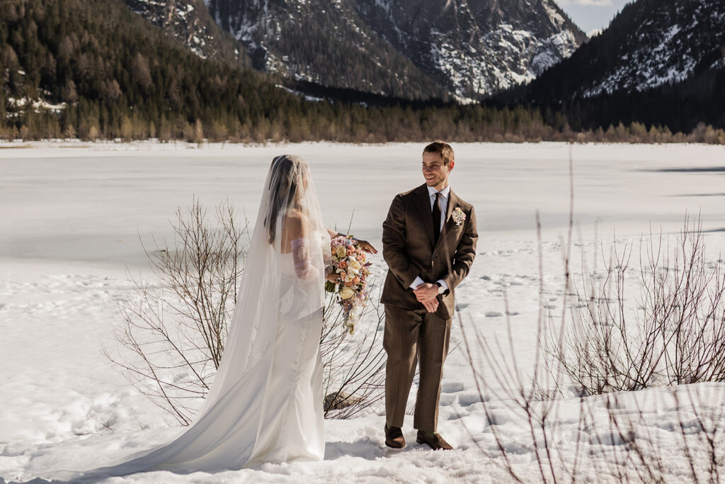 bride and groom first look during their dolomites elopement