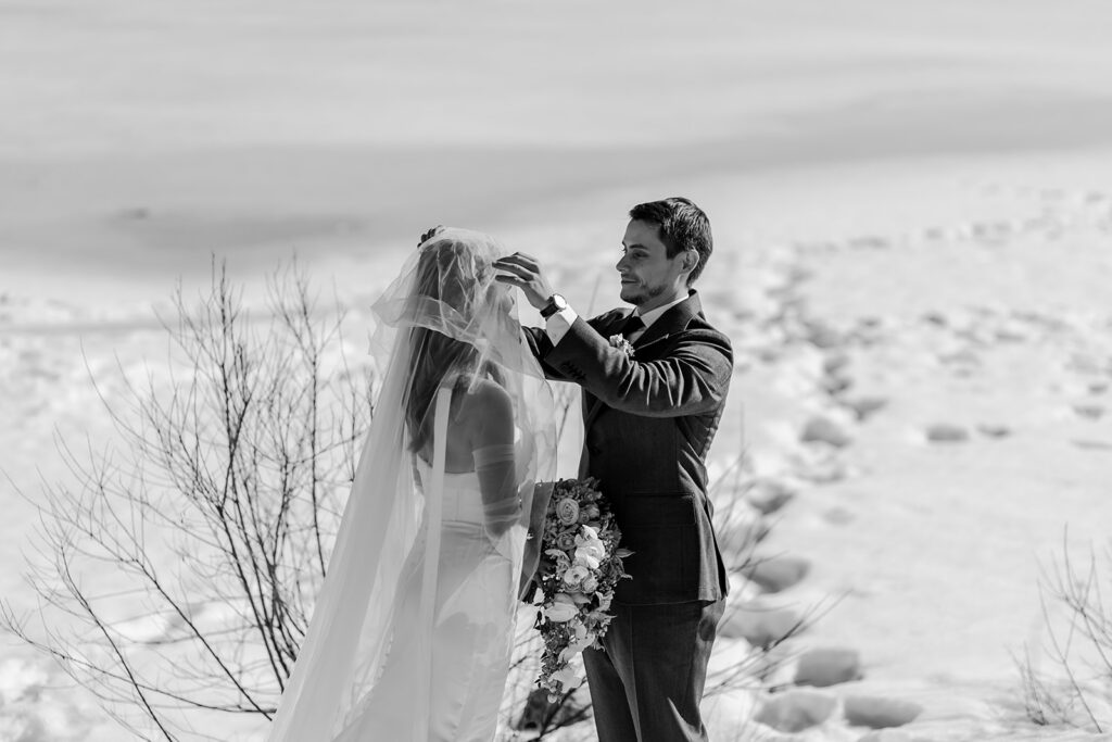 bride and groom first look during their dolomites elopement