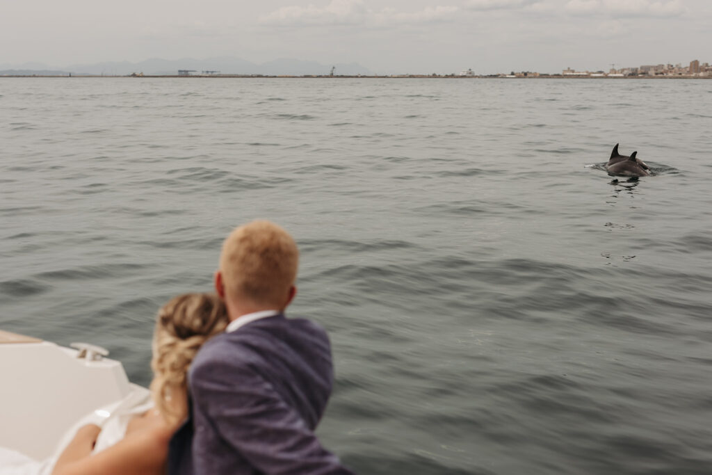 bride and groom spotting dolphins during a boat ride